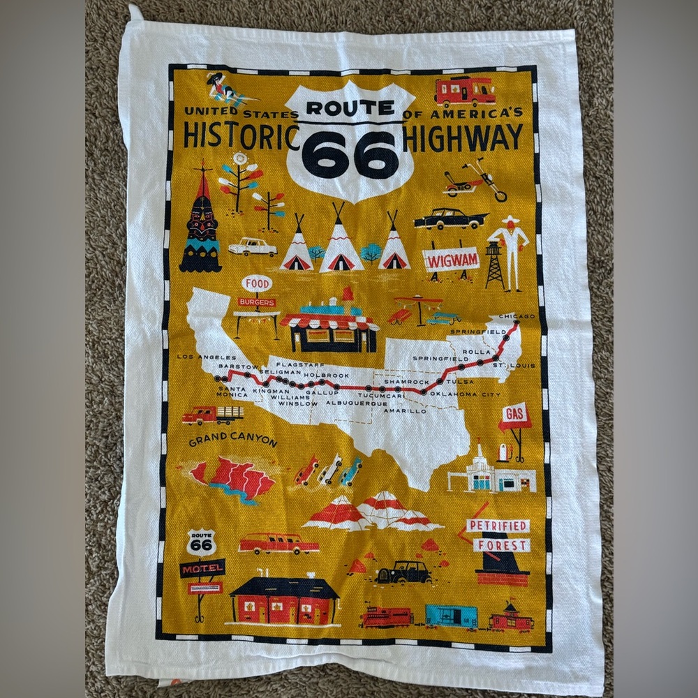 Route 66 Historic Highway Kitchen Tea Towel by artist Bill Rebholz